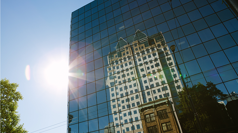 VCC Downtown campus with sun and reflection