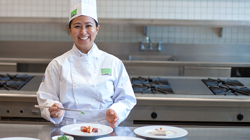 Culinary student Katherine Aguilar in VCC kitchen