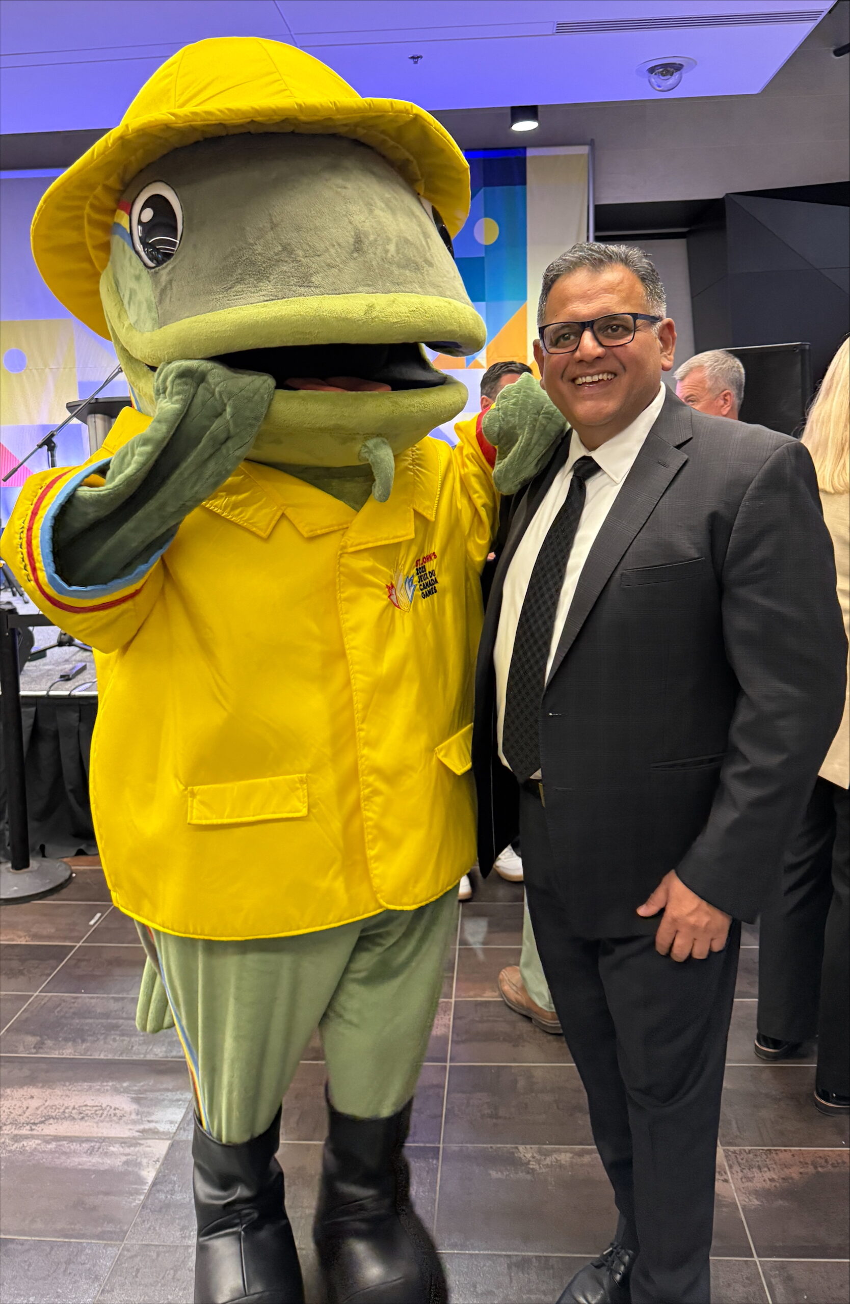 Ajay Patel with 2025 Canada Summer Games mascot, Gusty