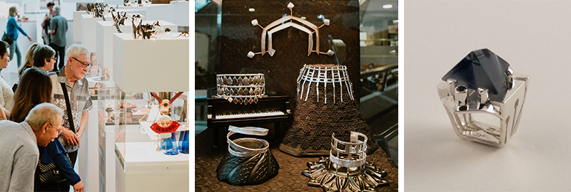 Audience looking at jewellery, display case, single ring