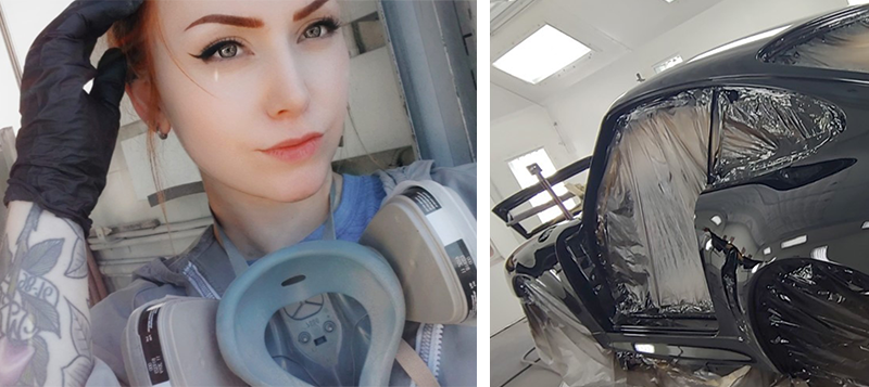 Jolene Orr with vintage porsche in paint booth