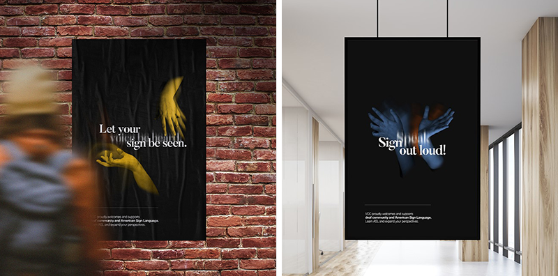 Kylie Woo ASL poster designs rendered in office and brick wall