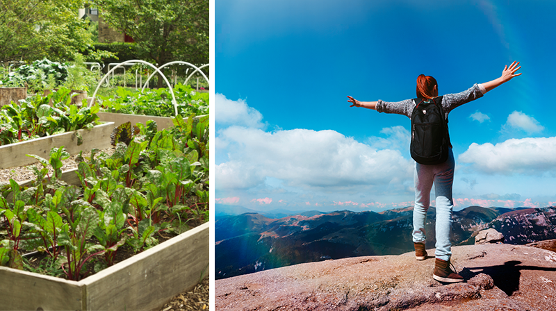Two-sided image of urban garden and woman hiking a mountaintop