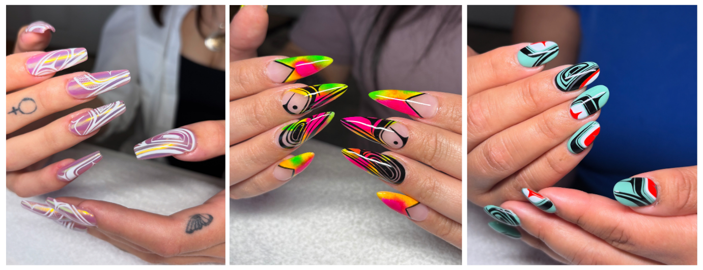 Three photos of colourful nail art influenced by formline, a traditional Pacific Northwest Coast nail art design that draws on Santana's ancestral roots and years of esthetics experience.